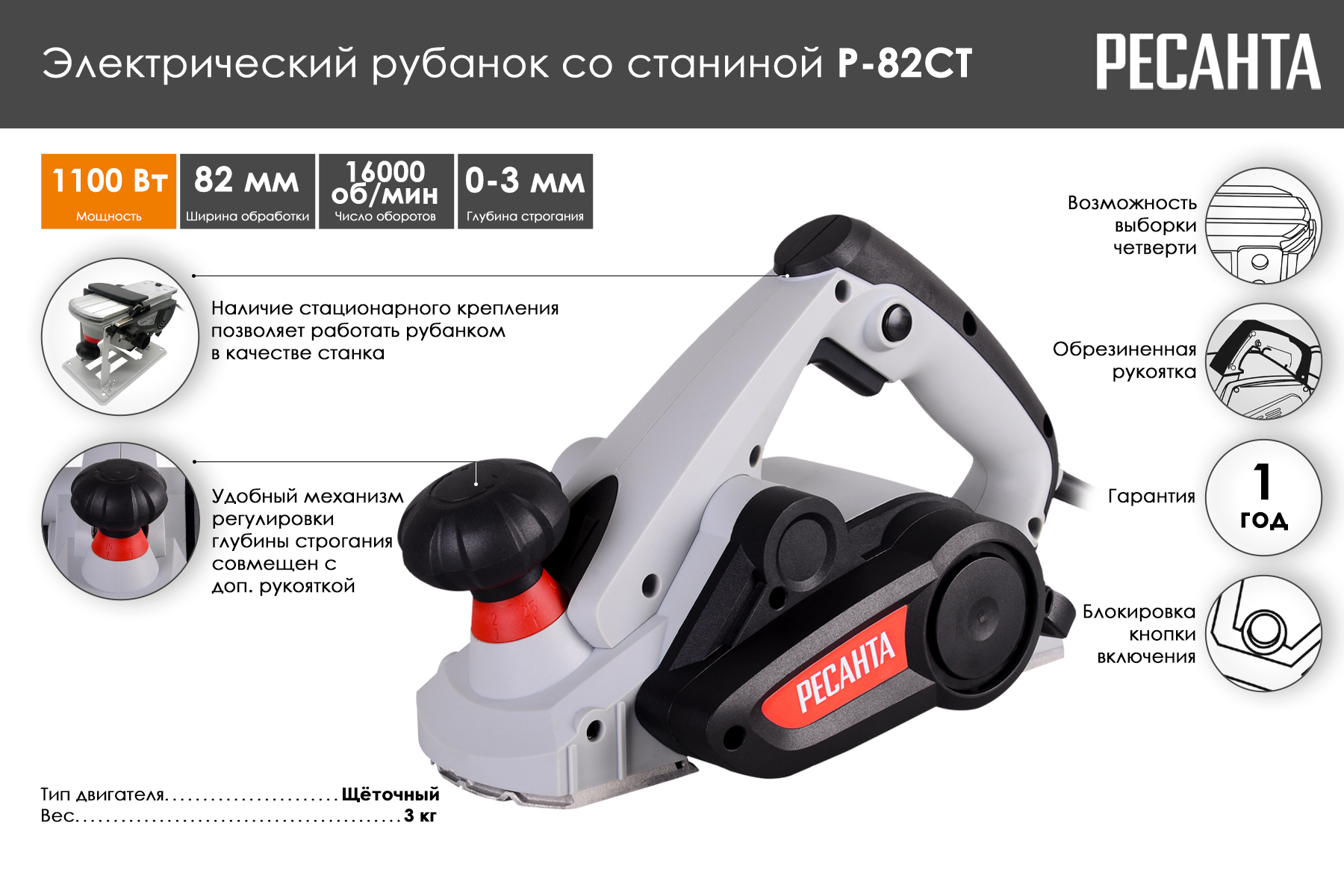 Рубанок Ресанта Р-82СТ