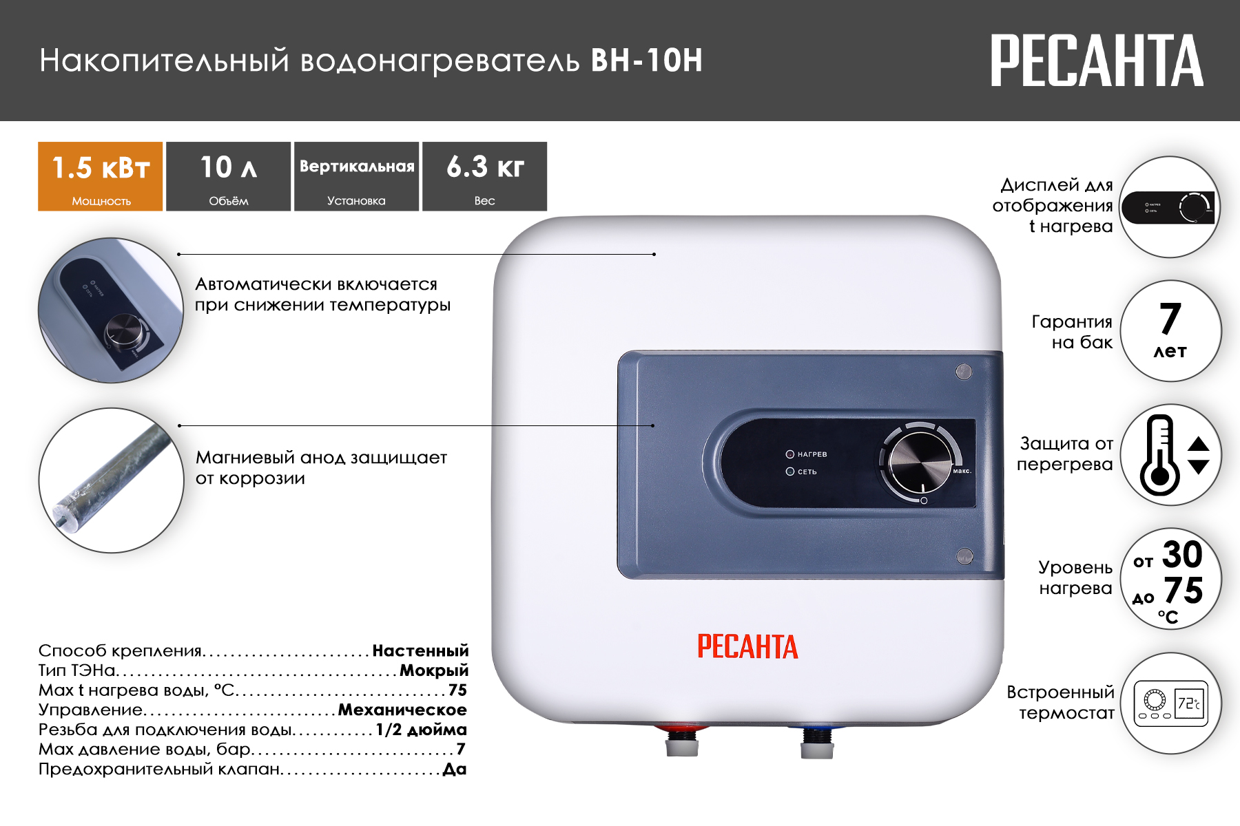 Водонагреватель накопительный Ресанта ВН-10Н 74/5/7